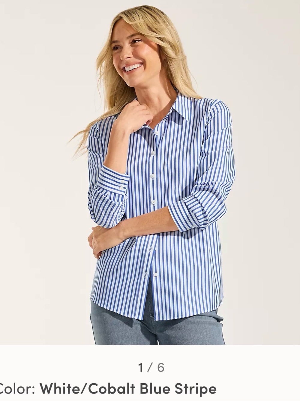 Lands' End White and Cobalt Blue Striped Button-Down Shirt